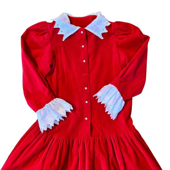 Vintage Golden Rainbow Cherry Red Velvet Modest Dress Eyelet Embroidered Collar - Picture 3 of 5